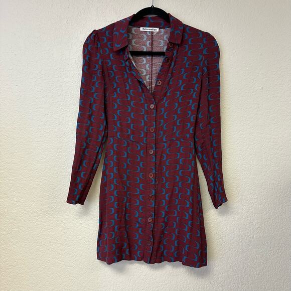 Reformation Hugh dress long sleeve button up retro print - Picture 9 of 9